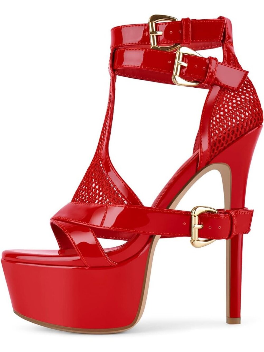 Women's Red Stiletto High Heels Mesh Buckle Open Toe Ankle Strap Dress Sandals